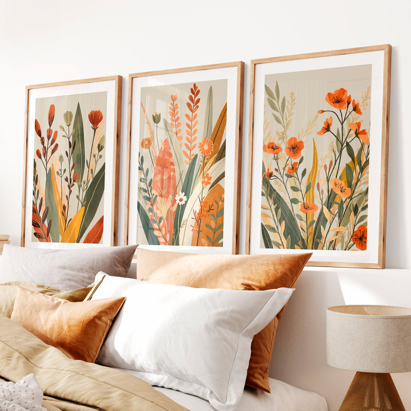Wildflower Meadow japandi style art- Natural Wood Framed Poster with White Border - Artworksets