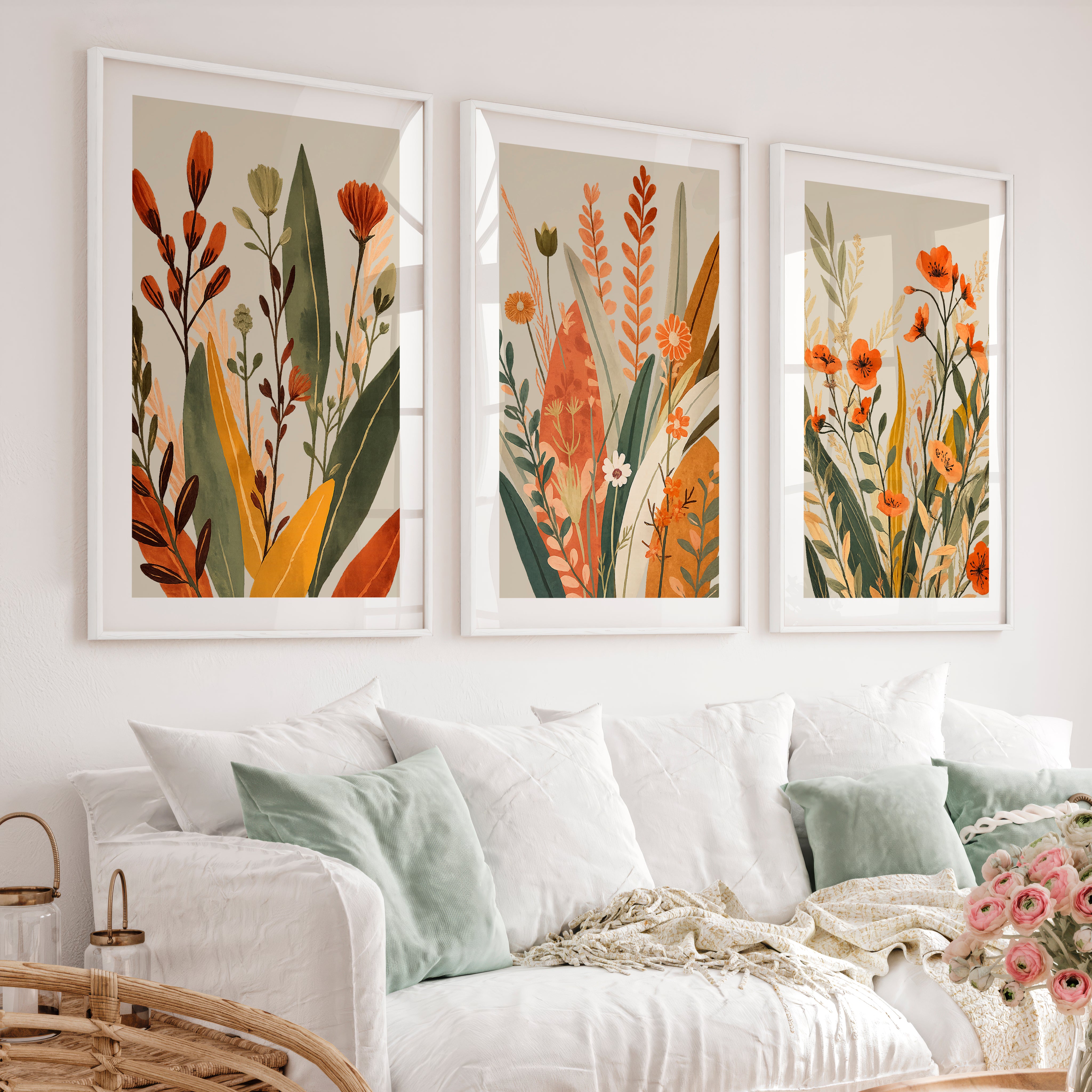 Wildflower Meadow japandi style art - White Framed Poster with White Border - Artworksets