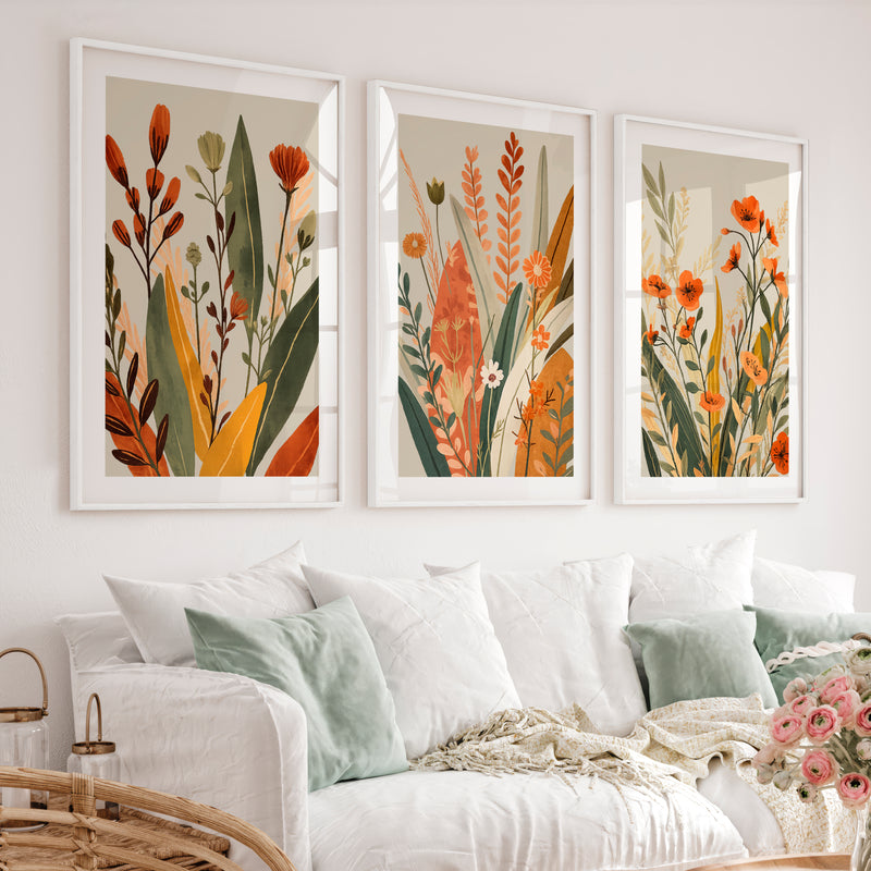 Wildflower Meadow japandi style art - White Framed Poster with White Border - Artworksets