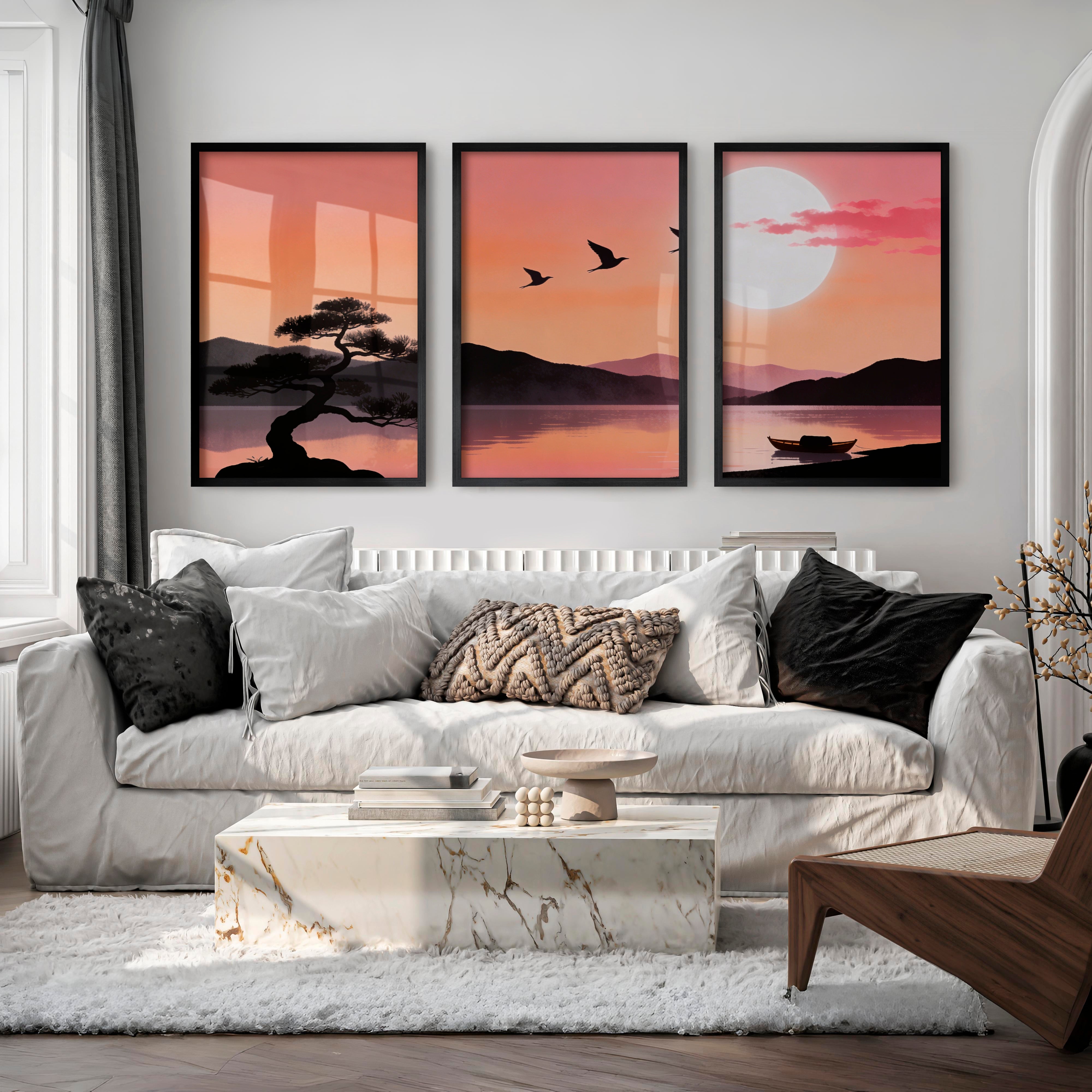Still Lake japandi style artwork at Moonrise - Black Framed Poster No Border - Artworksets