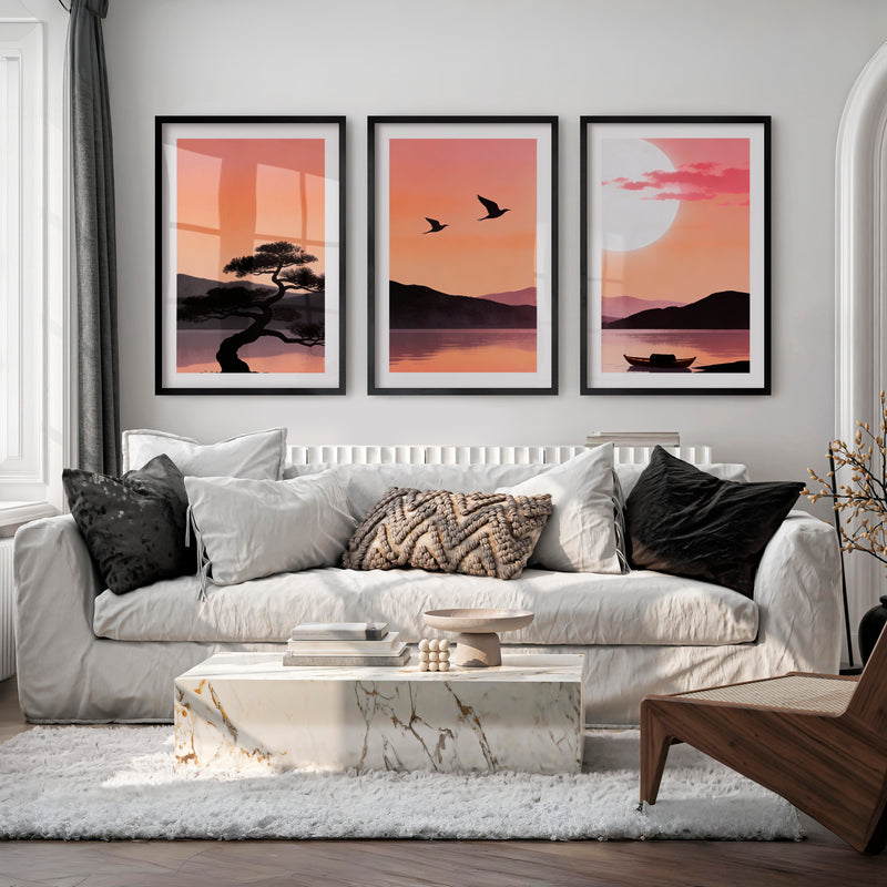 Still Lake japandi style artwork at Moonrise - Black Framed Poster with White Border - Artworksets