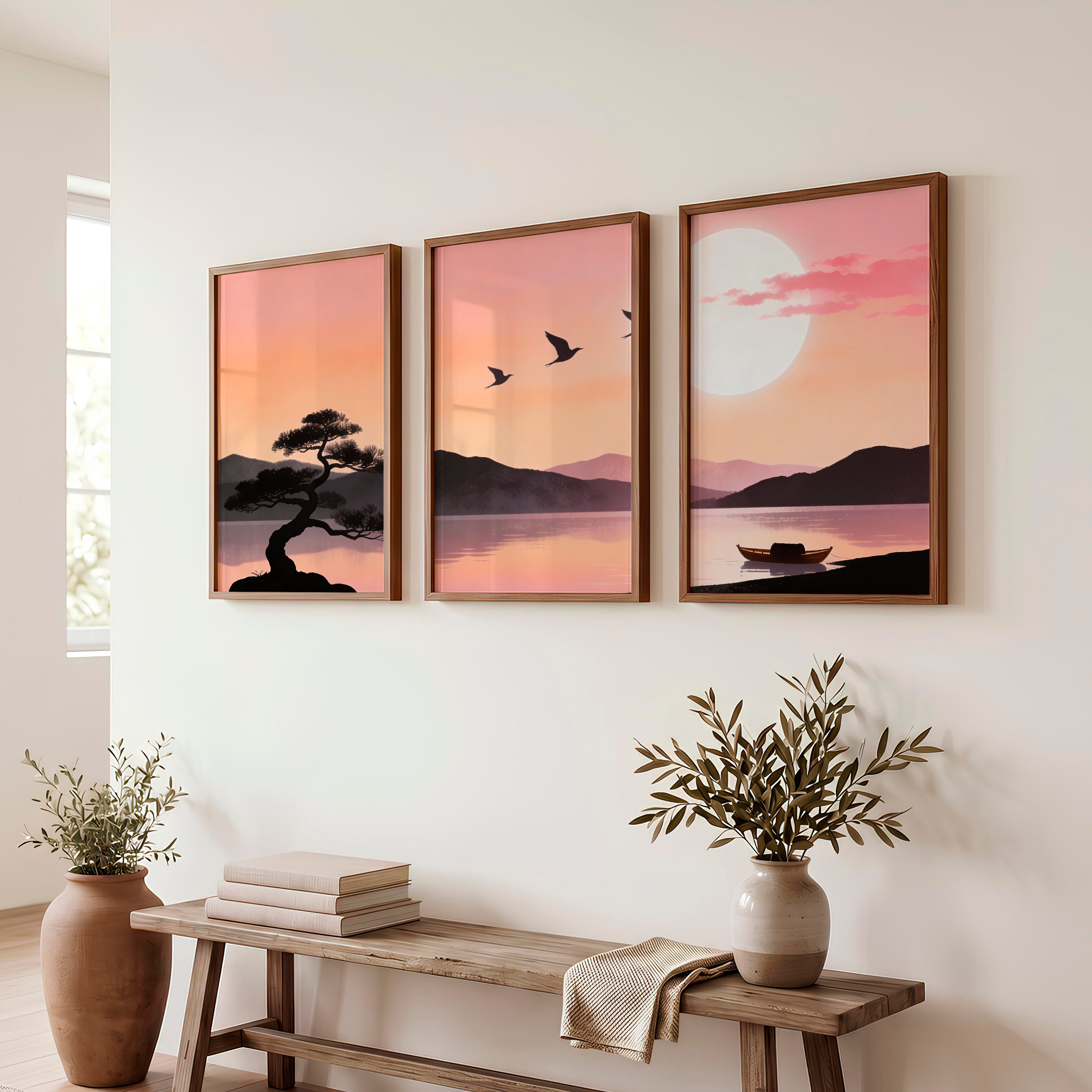 Still Lake japandi style artwork at Moonrise - Dark Brown Framed Poster No Border - Artworksets
