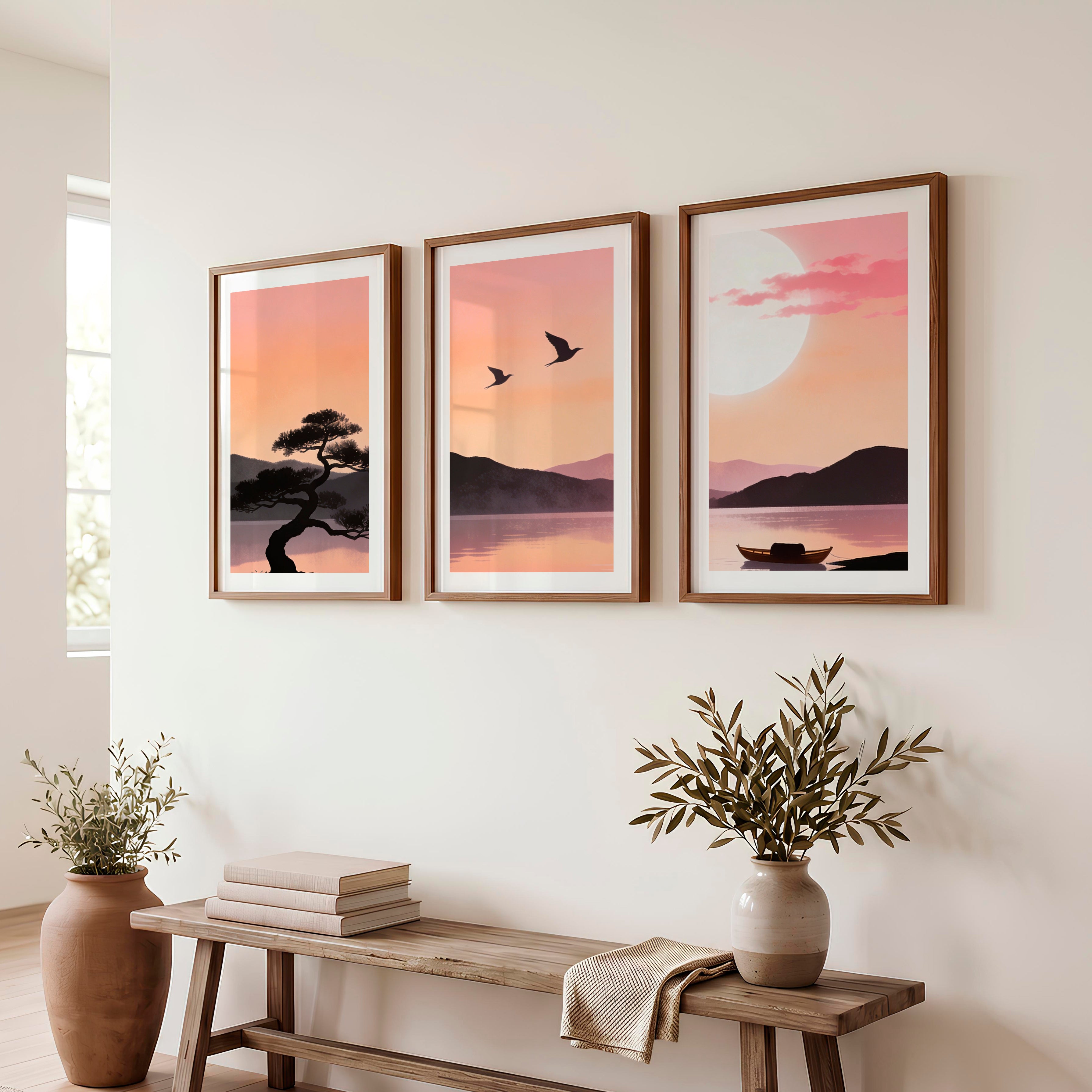 Still Lake japandi style artwork at Moonrise - Dark Brown Framed Poster with White Border - Artworksets