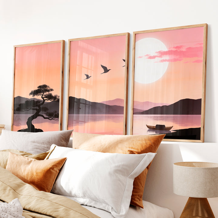 Still Lake japandi style artwork at Moonrise - Natural Wood Framed Poster No Border - Artworksets