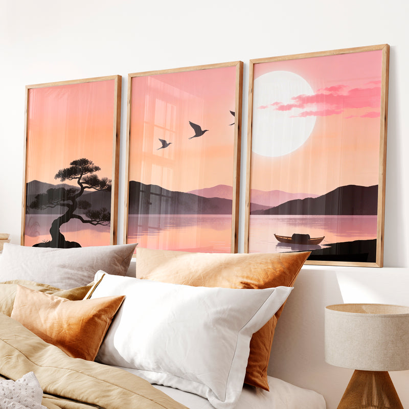 Still Lake japandi style artwork at Moonrise - Natural Wood Framed Poster No Border - Artworksets