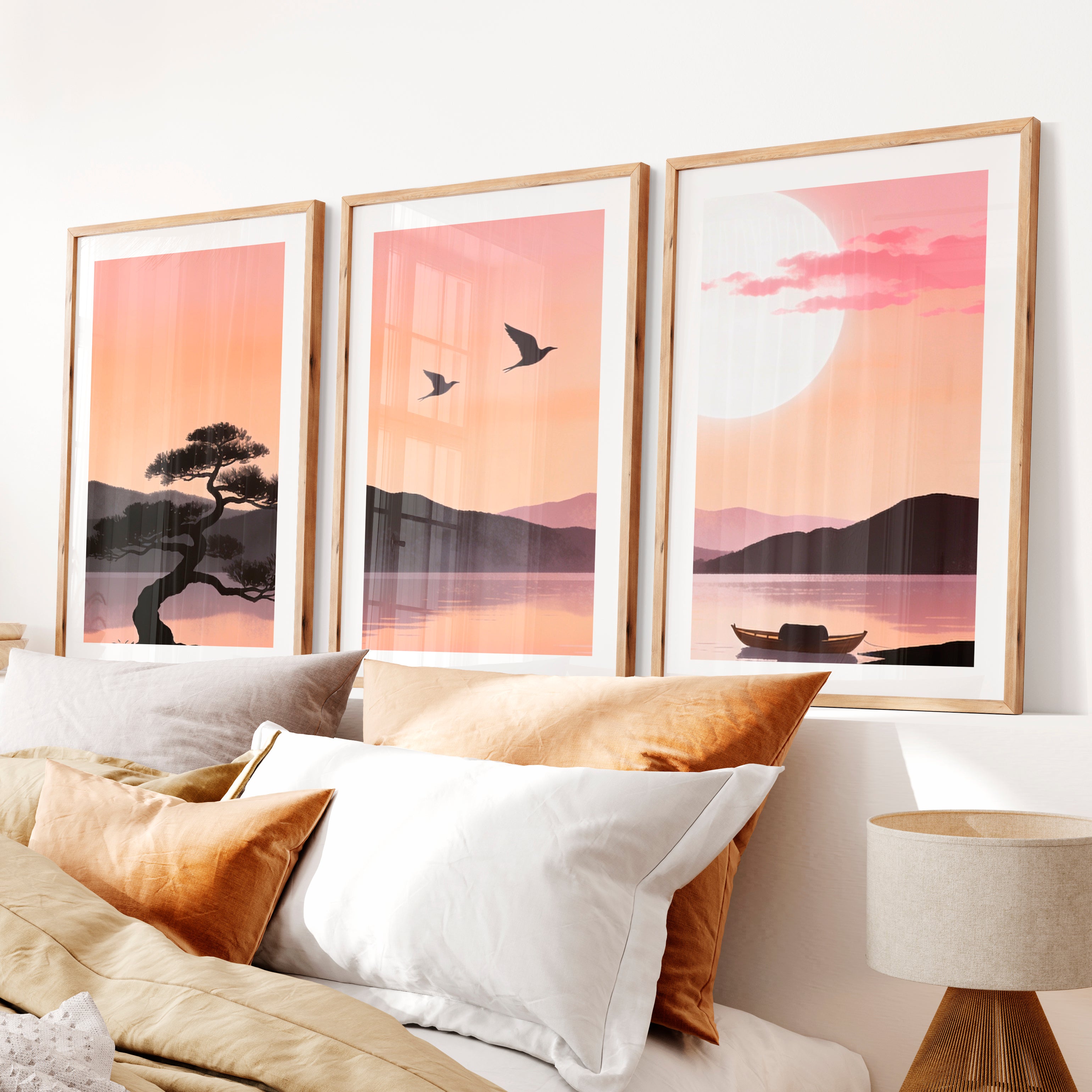 Still Lake japandi style artwork at Moonrise- Natural Wood Framed Poster with White Border - Artworksets