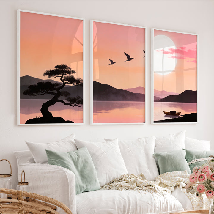Still Lake japandi style artwork at Moonrise - White Framed Poster No Border - Artworksets