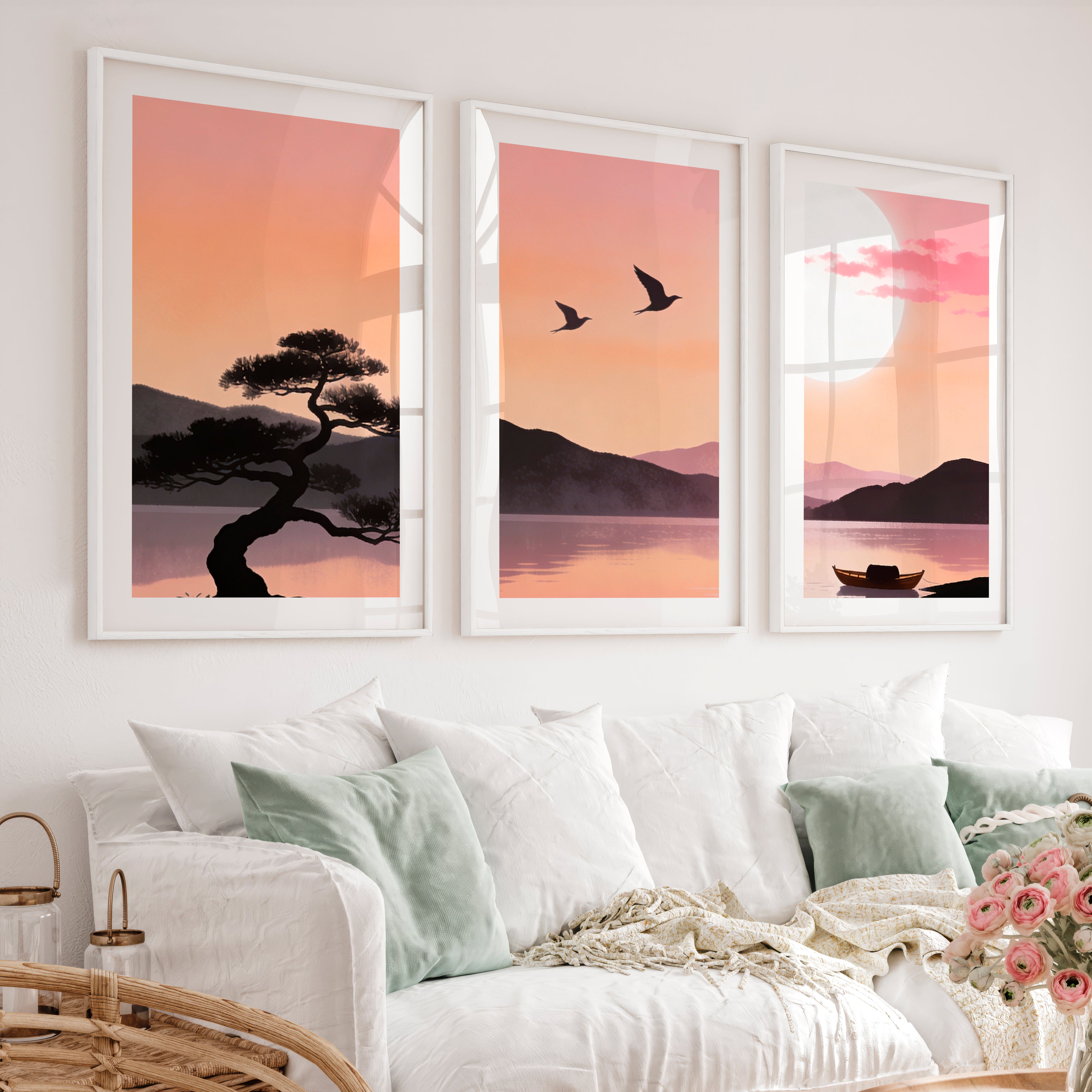 Still Lake japandi style artwork at Moonrise - White Framed Poster with White Border - Artworksets
