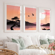 Still Lake japandi style artwork at Moonrise - White Framed Poster with White Border - Artworksets