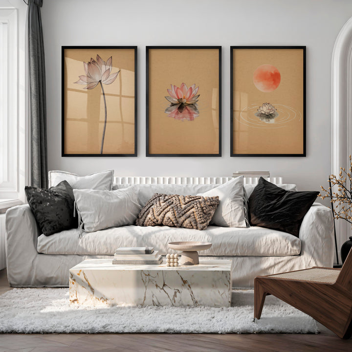 Lotus Moon Japandi Style Artwork - Black Framed Poster No Border - Artworksets