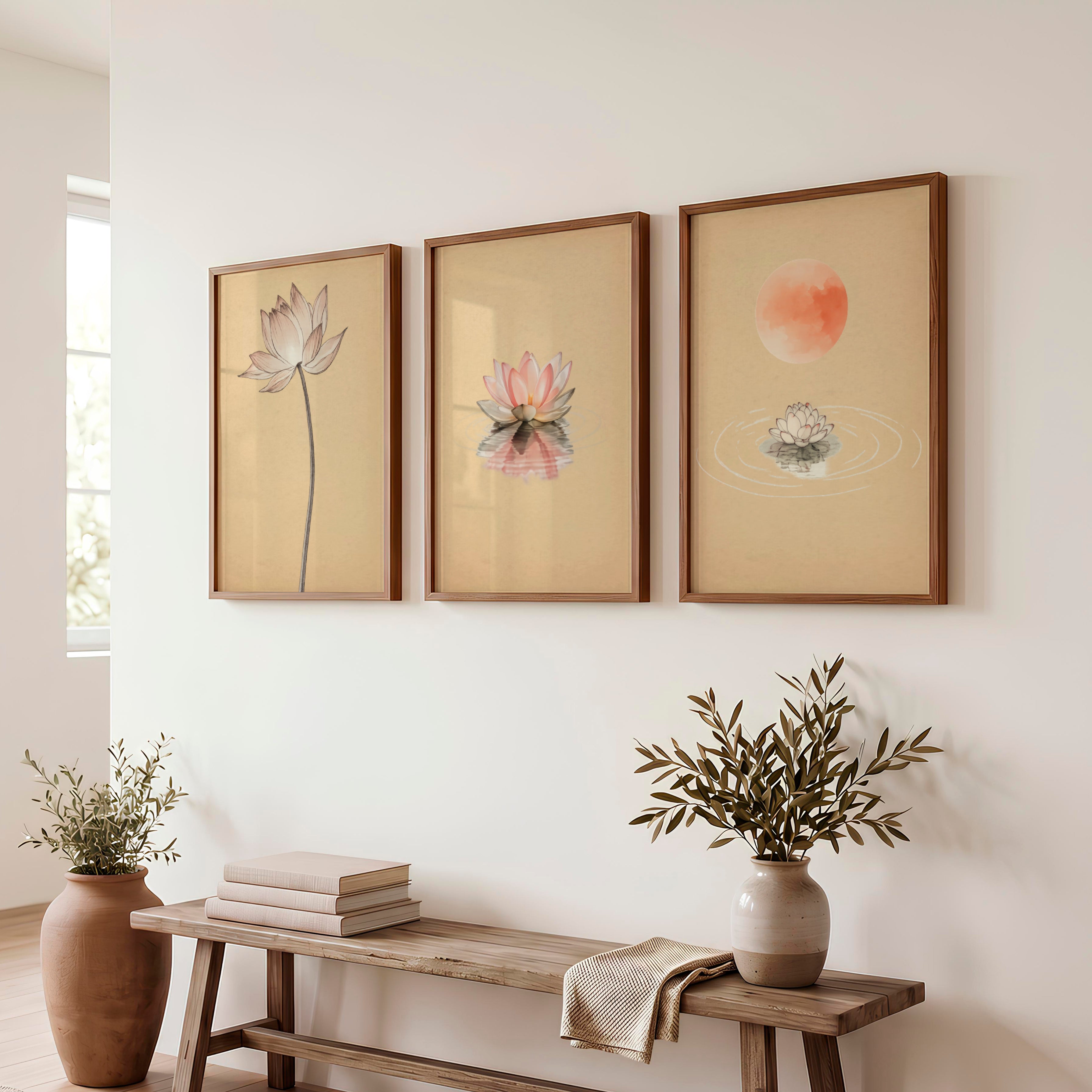 Lotus Moon Japandi Style Artwork - Dark Brown Framed Poster No Border - Artworksets