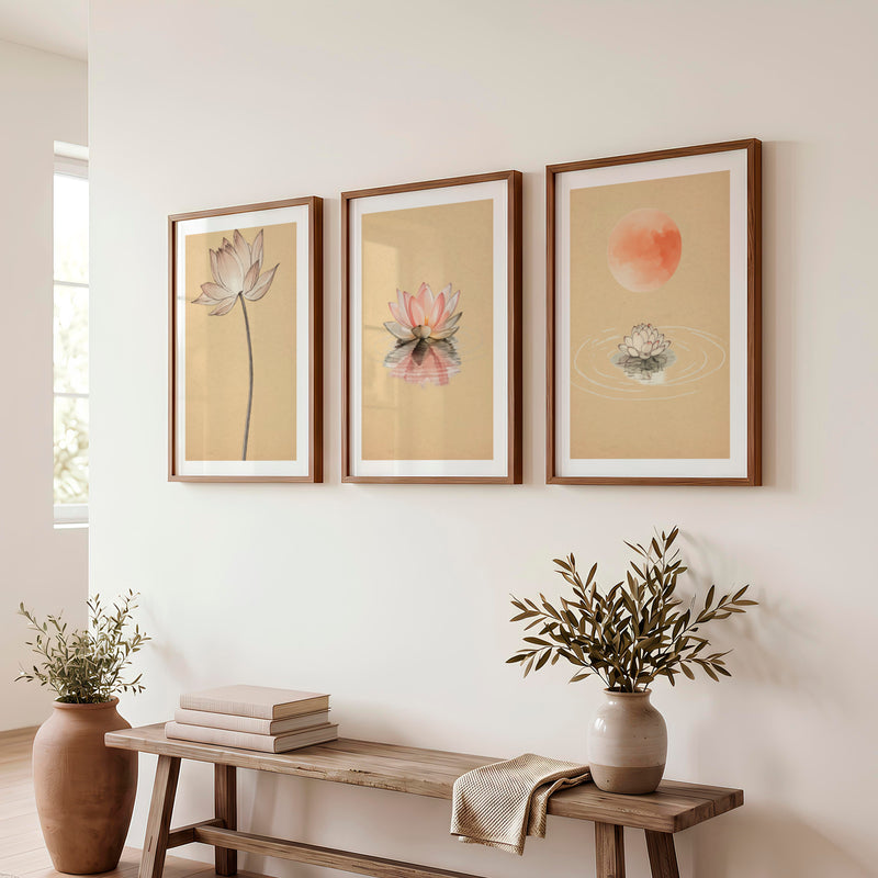Lotus Moon Japandi Style Artwork - Dark Brown Framed Poster with White Border - Artworksets
