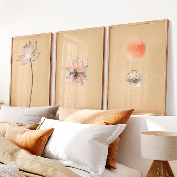 Lotus Moon Japandi Style Artwork - Natural Wood Framed Poster No Border - Artworksets