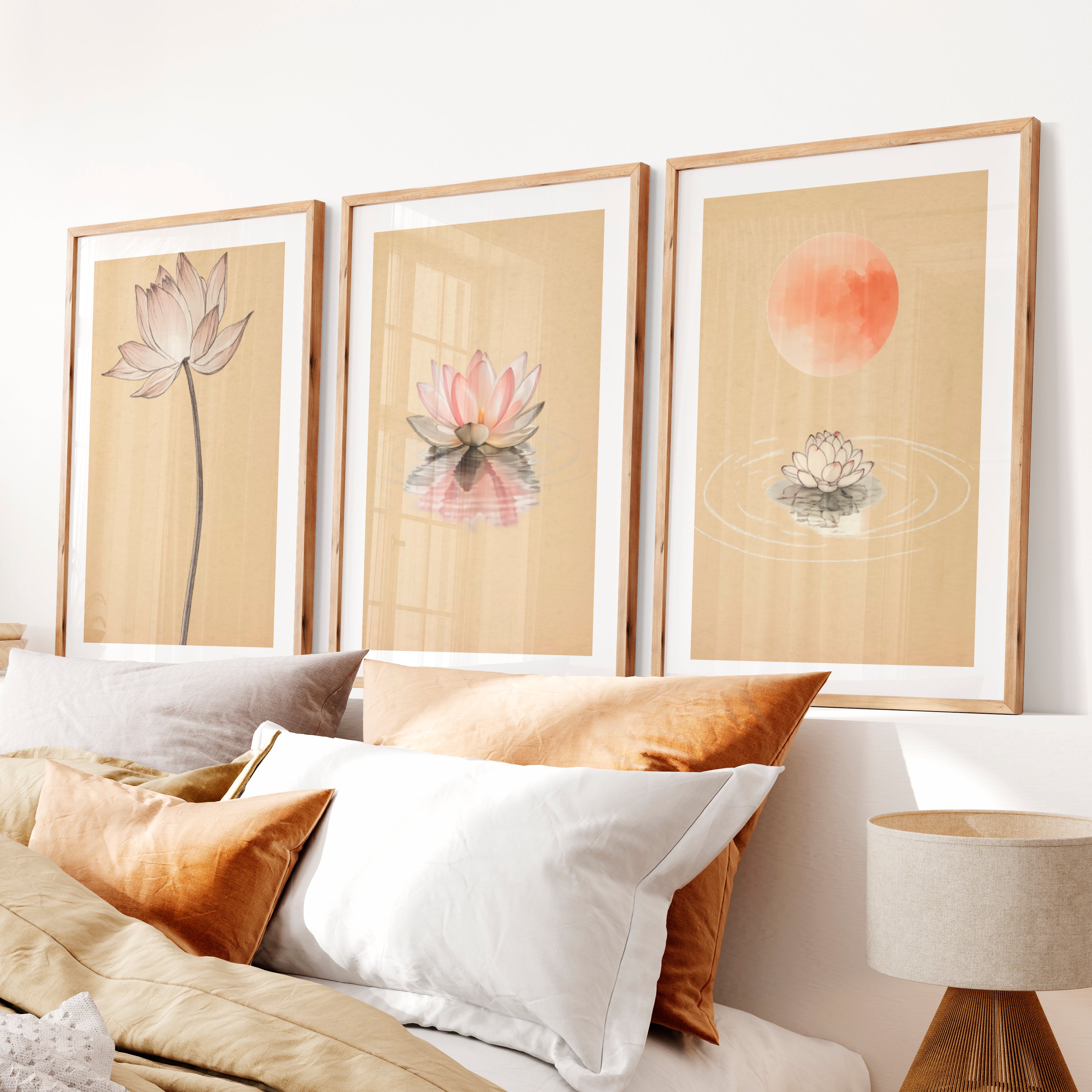 Lotus Moon Japandi Style Artwork- Natural Wood Framed Poster with White Border - Artworksets