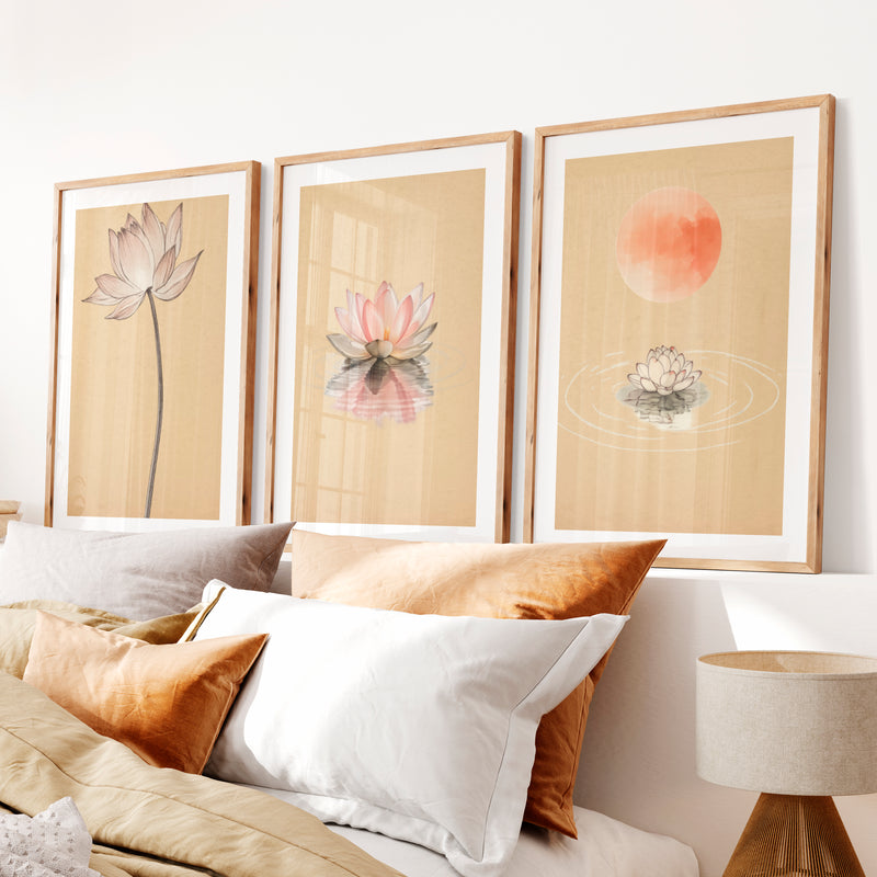 Lotus Moon Japandi Style Artwork- Natural Wood Framed Poster with White Border - Artworksets