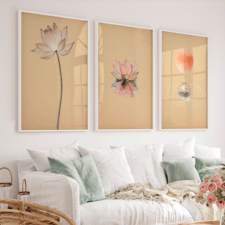 Lotus Moon Japandi Style Artwork - White Framed Poster No Border - Artworksets