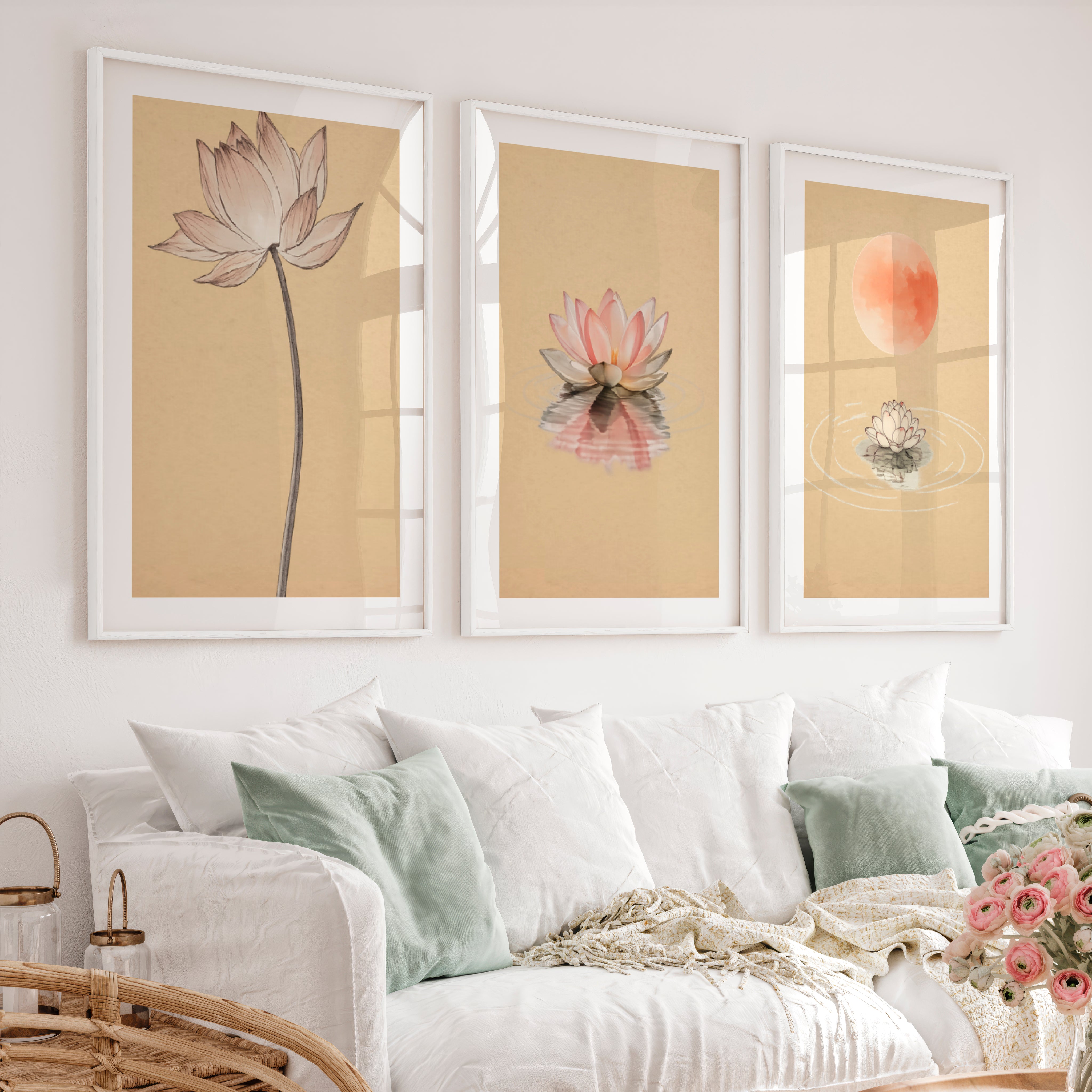 Lotus Moon Japandi Style Artwork - White Framed Poster with White Border - Artworksets