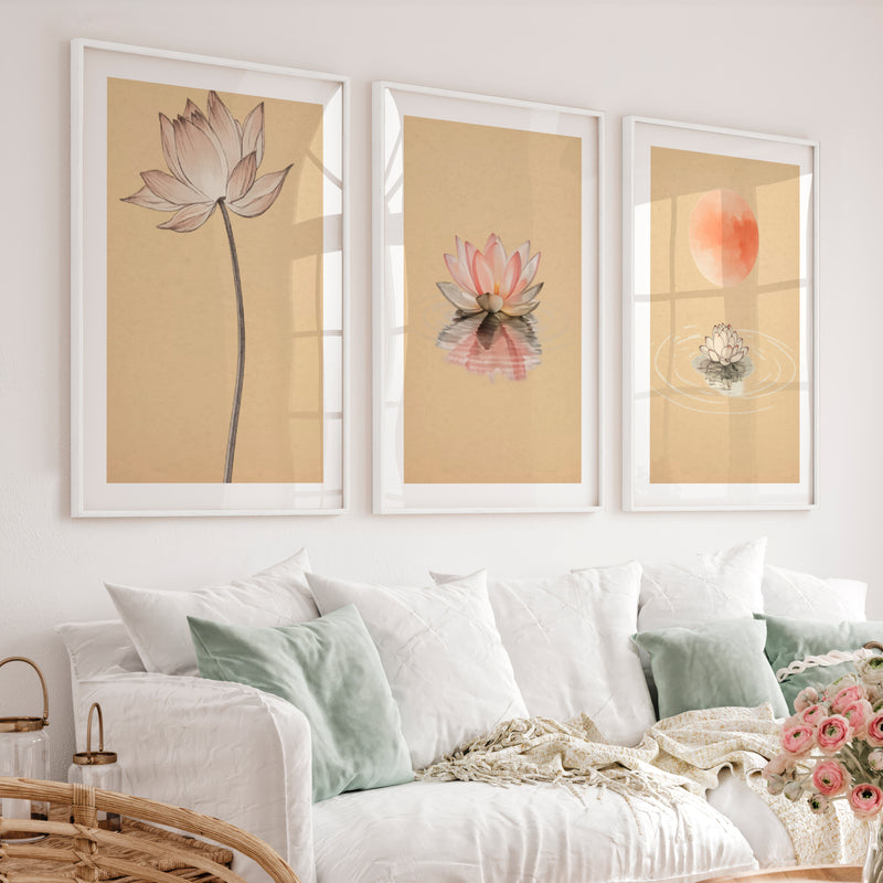 Lotus Moon Japandi Style Artwork - White Framed Poster with White Border - Artworksets
