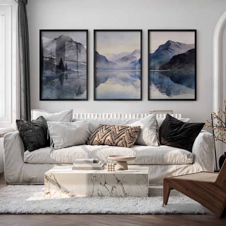 Alpine Lake Japandi Style Artwork - Black Framed Poster No Border - Artworksets