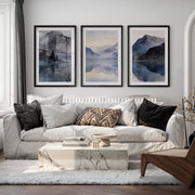 Alpine Lake Japandi Style Artwork - Black Framed Poster with White Border - Artworksets