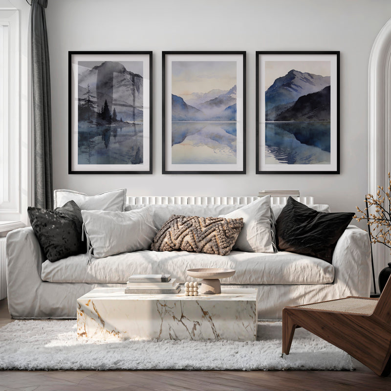 Alpine Lake Japandi Style Artwork - Black Framed Poster with White Border - Artworksets
