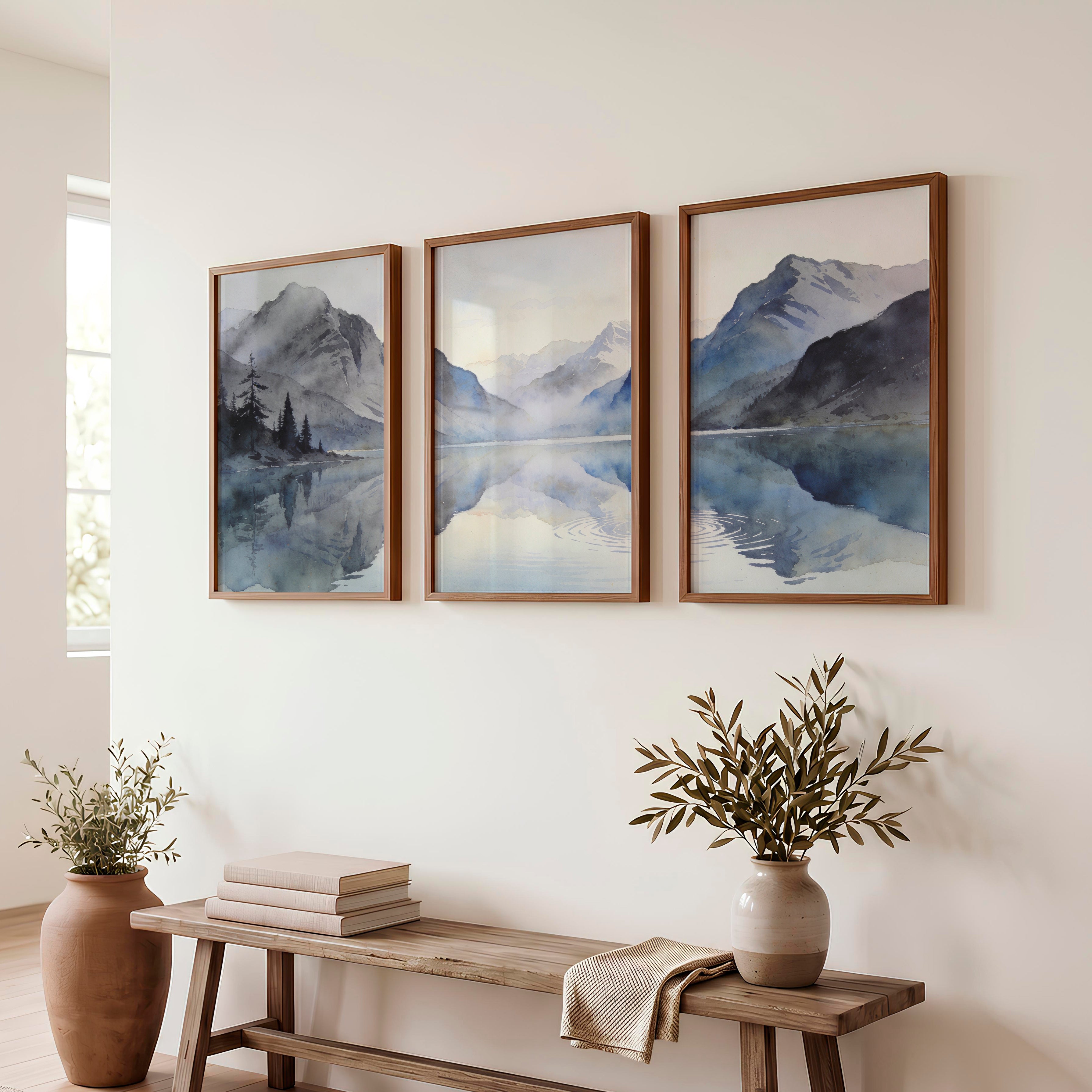 Alpine Lake Japandi Style Artwork - Dark Brown Framed Poster No Border - Artworksets