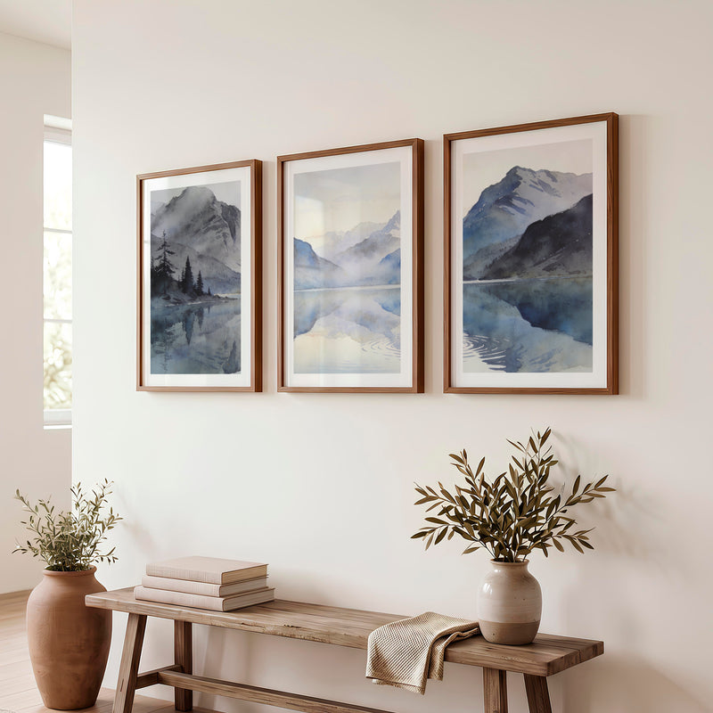 Alpine Lake Japandi Style Artwork - Dark Brown Framed Poster with White Border - Artworksets