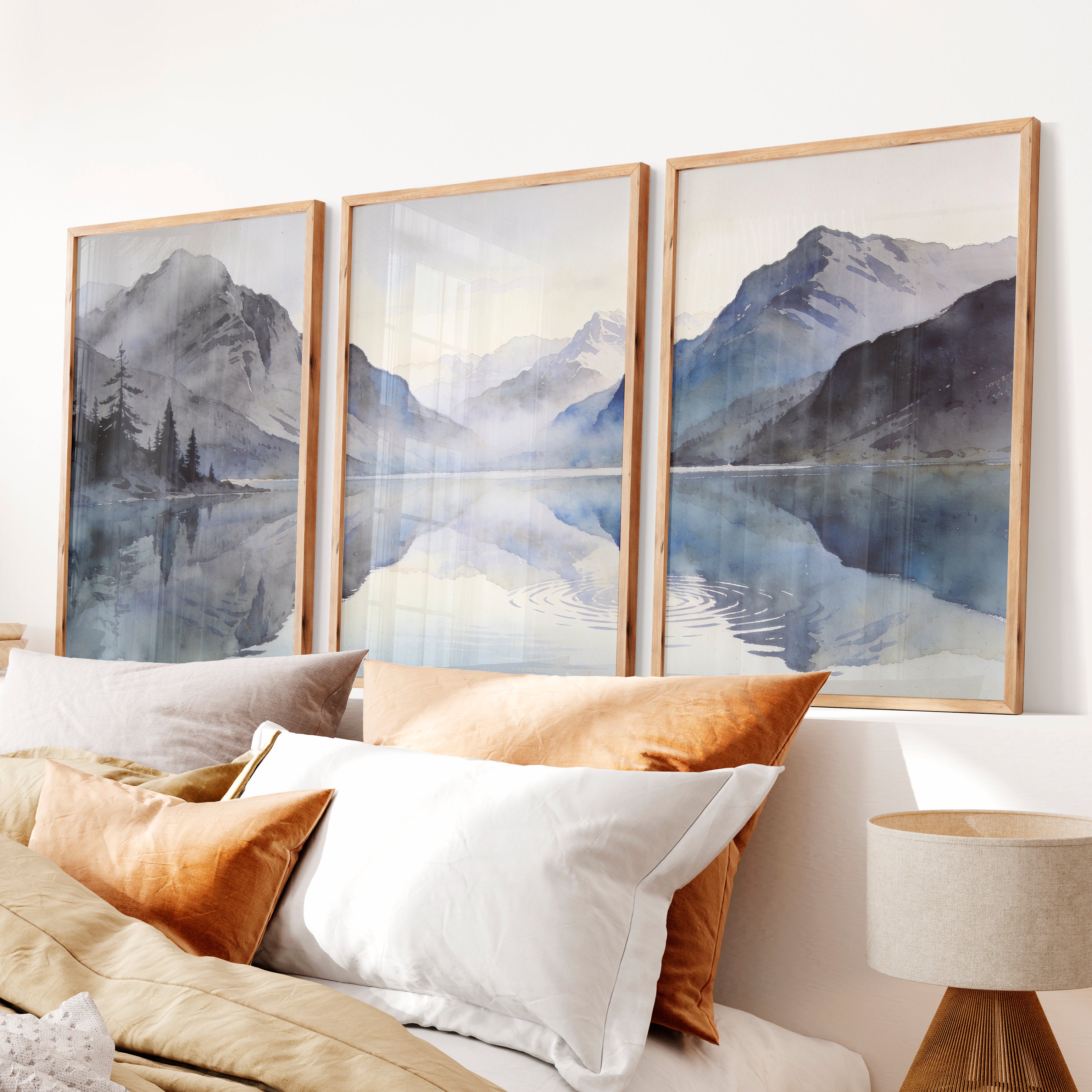 Alpine Lake Japandi Style Artwork - Natural Wood Framed Poster No Border - Artworksets