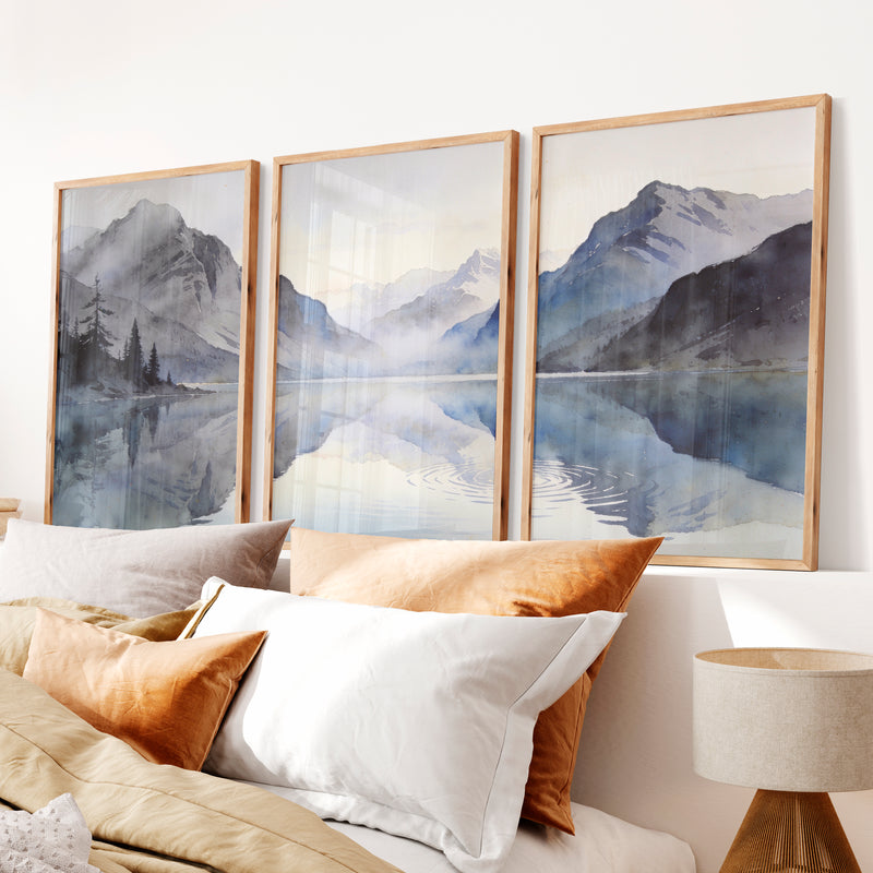 Alpine Lake Japandi Style Artwork - Natural Wood Framed Poster No Border - Artworksets