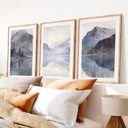 Alpine Lake Japandi Style Artwork- Natural Wood Framed Poster with White Border - Artworksets