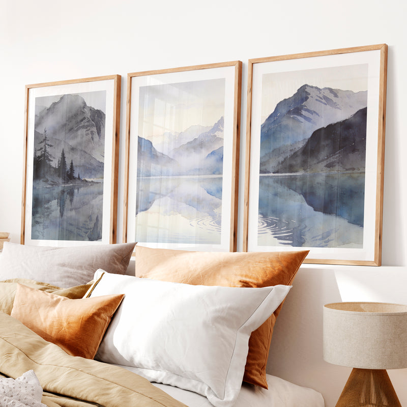 Alpine Lake Japandi Style Artwork- Natural Wood Framed Poster with White Border - Artworksets