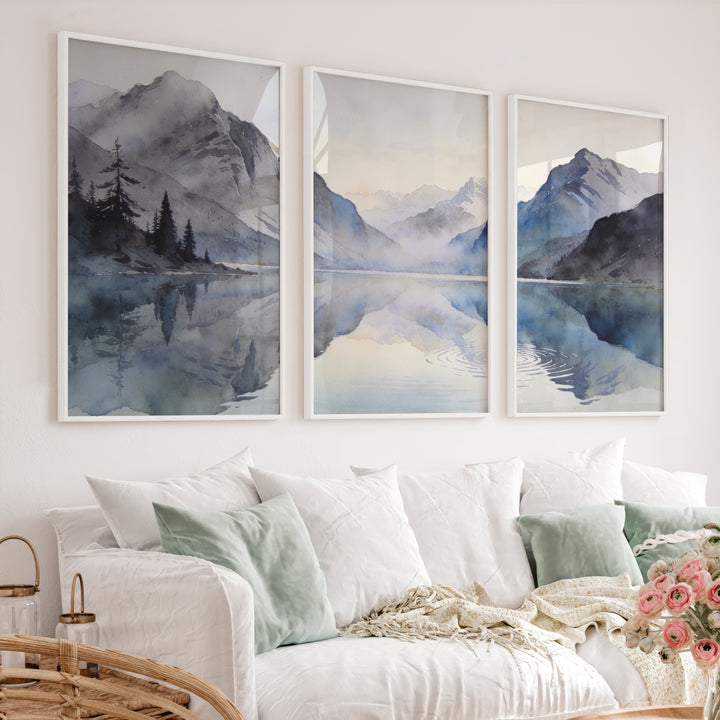 Alpine Lake Japandi Style Artwork - White Framed Poster No Border - Artworksets