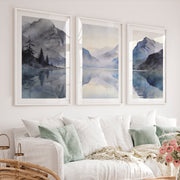 Alpine Lake Japandi Style Artwork - White Framed Poster with White Border - Artworksets