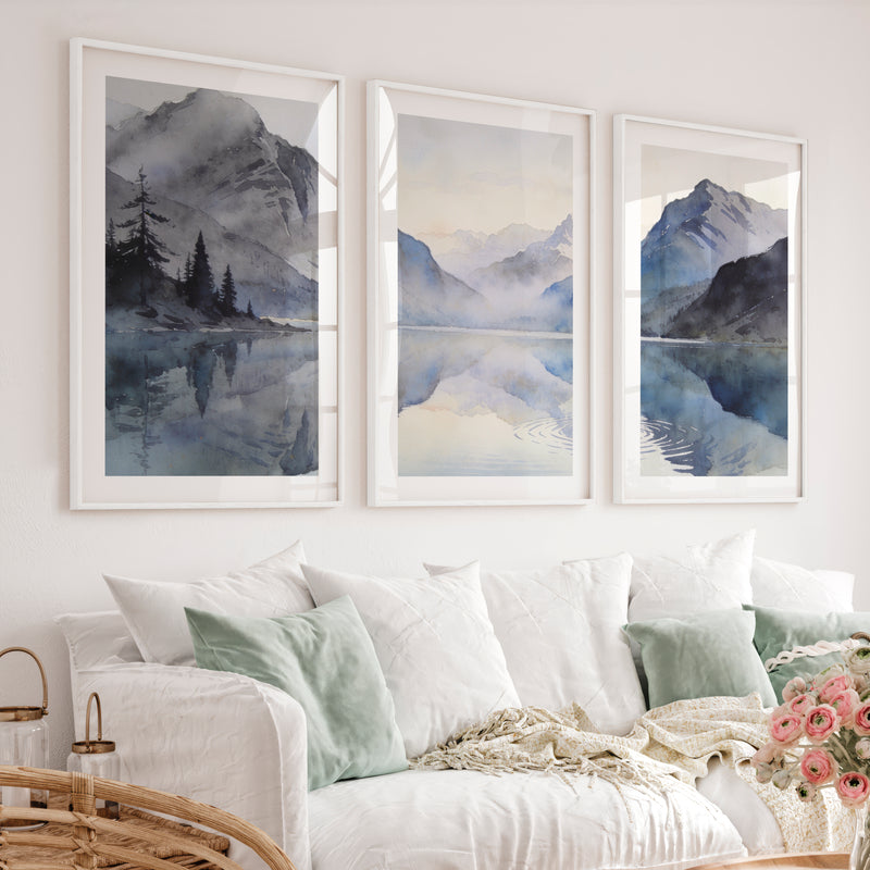 Alpine Lake Japandi Style Artwork - White Framed Poster with White Border - Artworksets