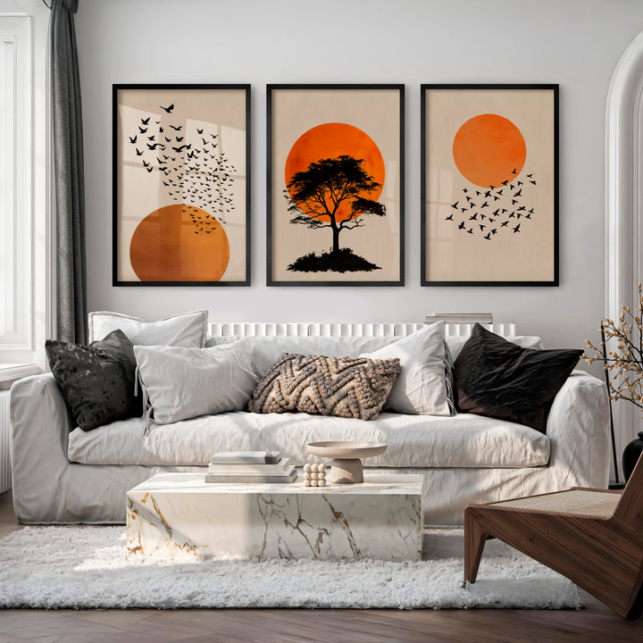japandi style artwork Silhouetted Tree at Sunset - Black Framed Poster No Border - Artworksets