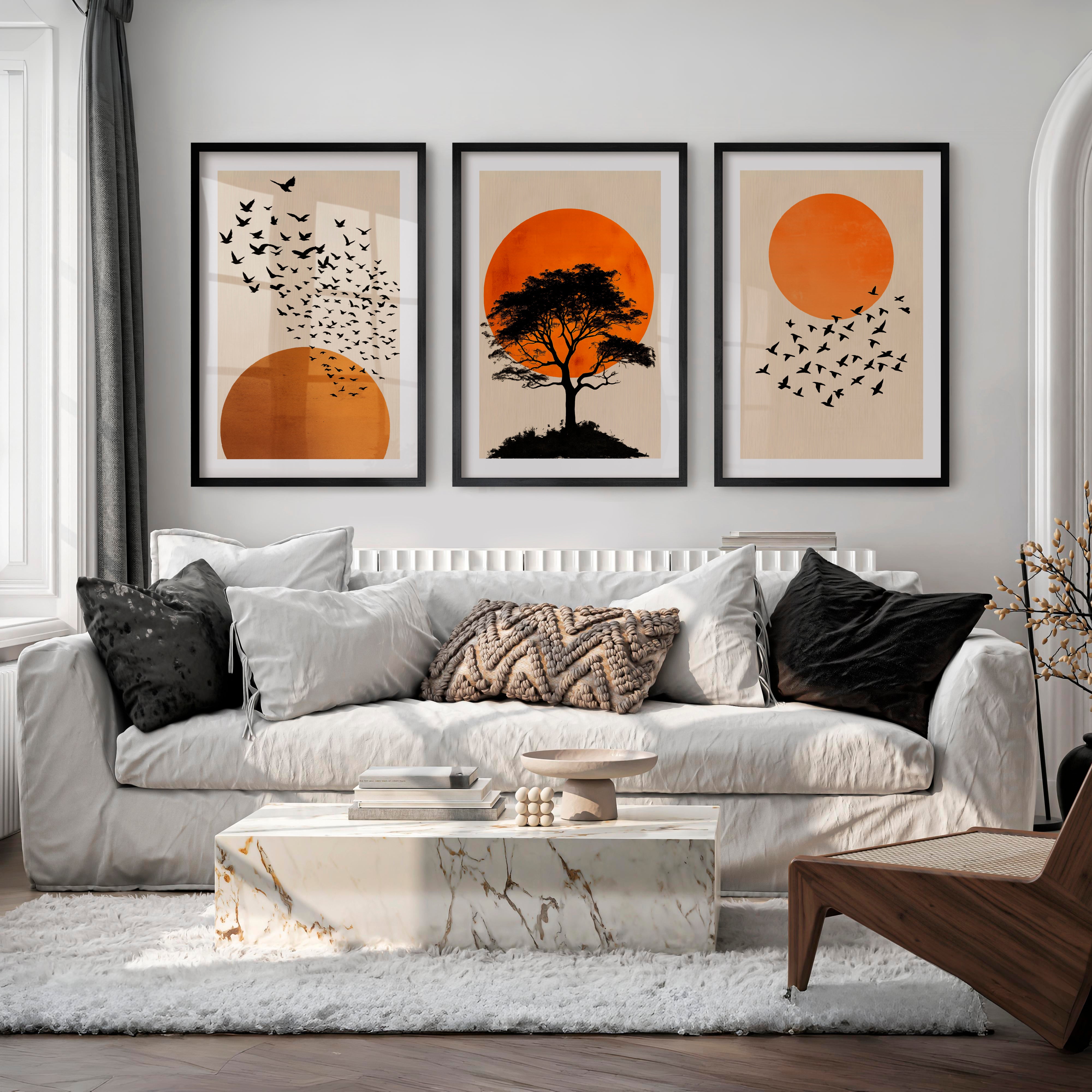japandi style artwork Silhouetted Tree at Sunset - Black Framed Poster with White Border - Artworksets