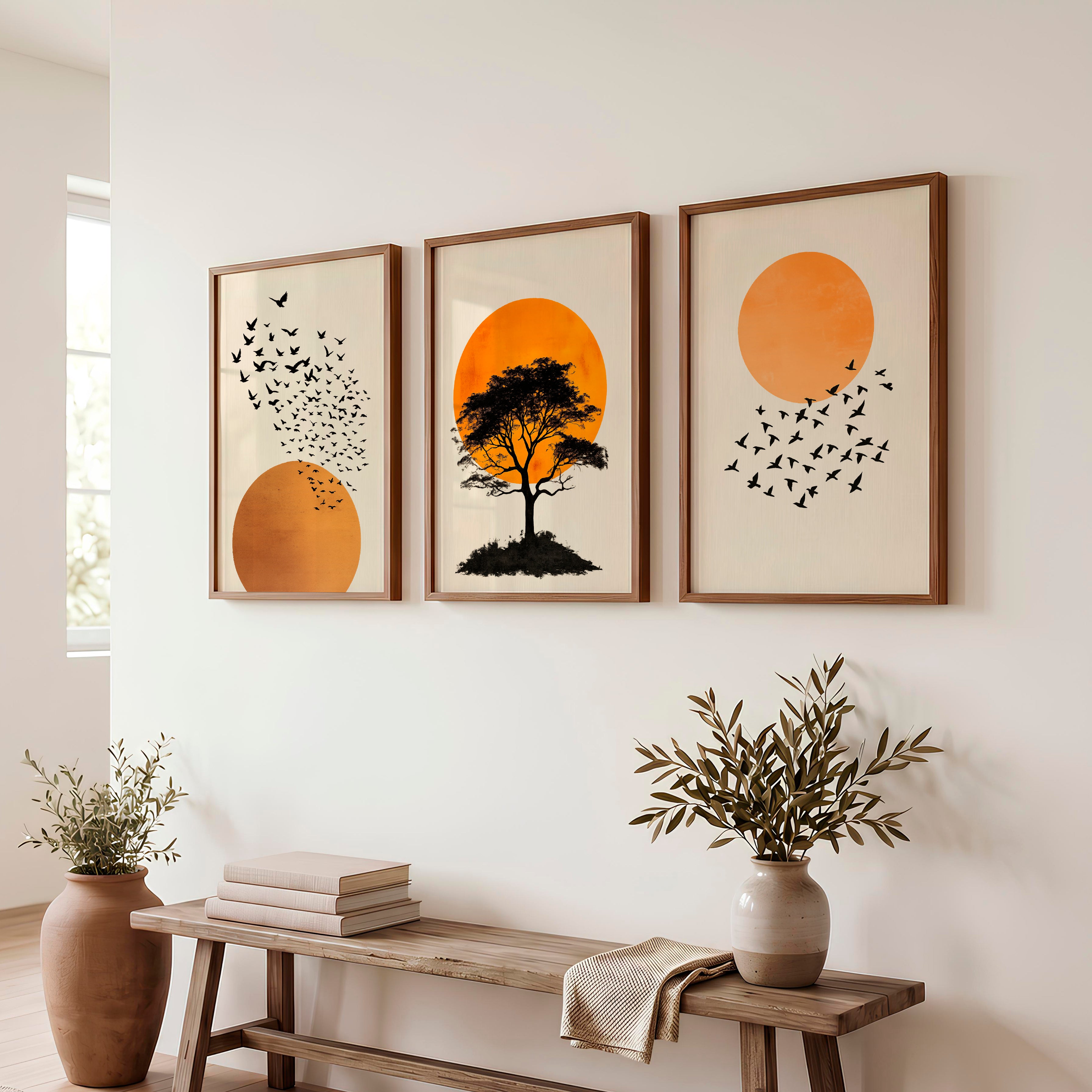 japandi style artwork Silhouetted Tree at Sunset - Dark Brown Framed Poster No Border - Artworksets