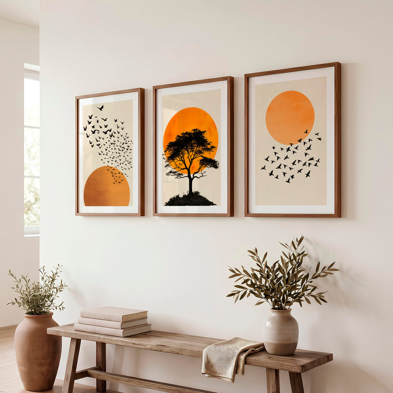japandi style artwork Silhouetted Tree at Sunset - Dark Brown Framed Poster with White Border - Artworksets