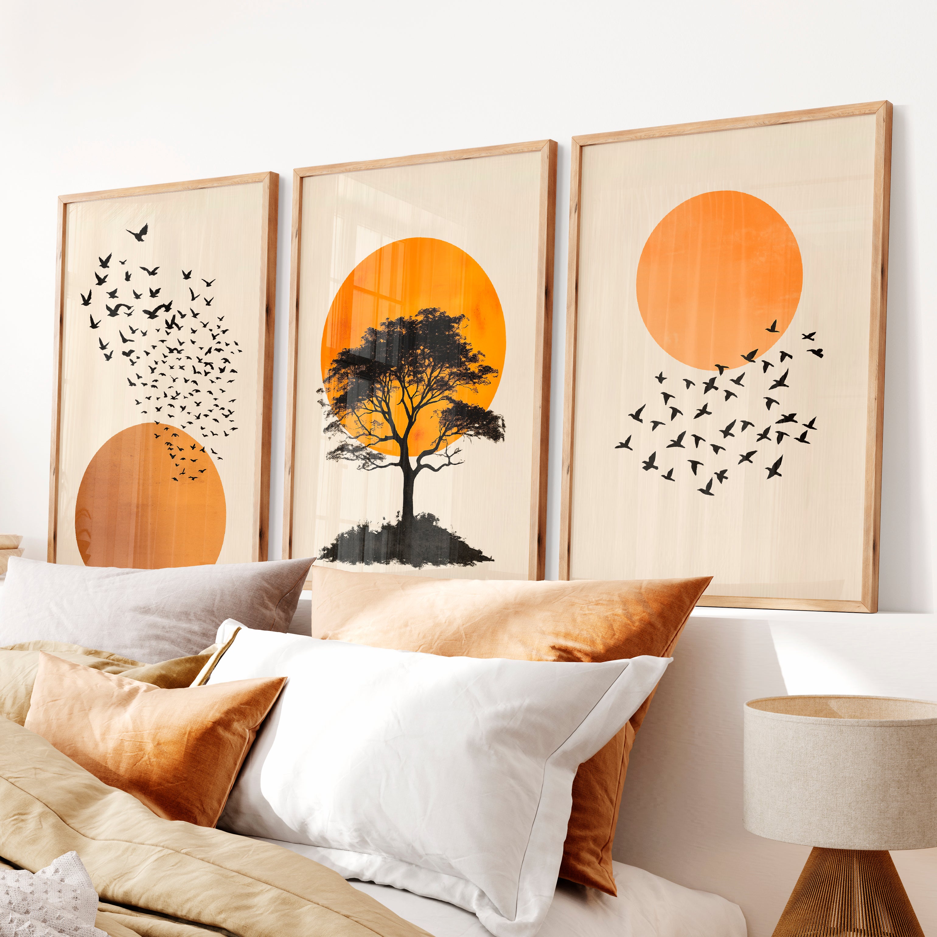 japandi style artwork Silhouetted Tree at Sunset - Natural Wood Framed Poster No Border - Artworksets