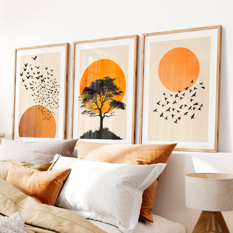 japandi style artwork Silhouetted Tree at Sunset- Natural Wood Framed Poster with White Border - Artworksets