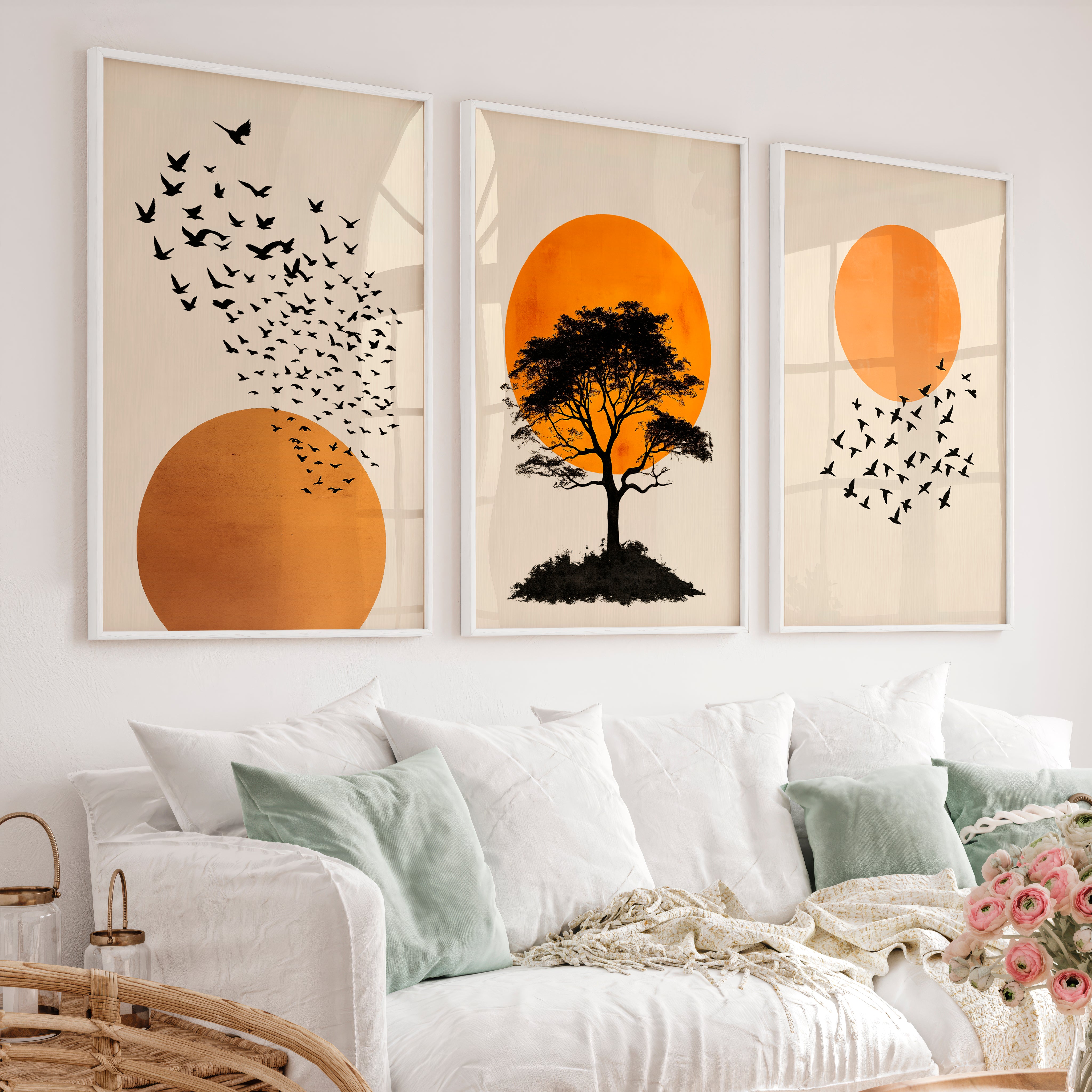 japandi style artwork Silhouetted Tree at Sunset - White Framed Poster No Border - Artworksets
