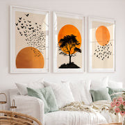 japandi style artwork Silhouetted Tree at Sunset - White Framed Poster with White Border - Artworksets