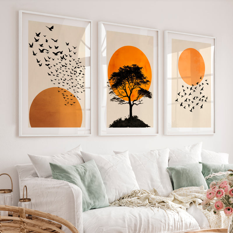 japandi style artwork Silhouetted Tree at Sunset - White Framed Poster with White Border - Artworksets