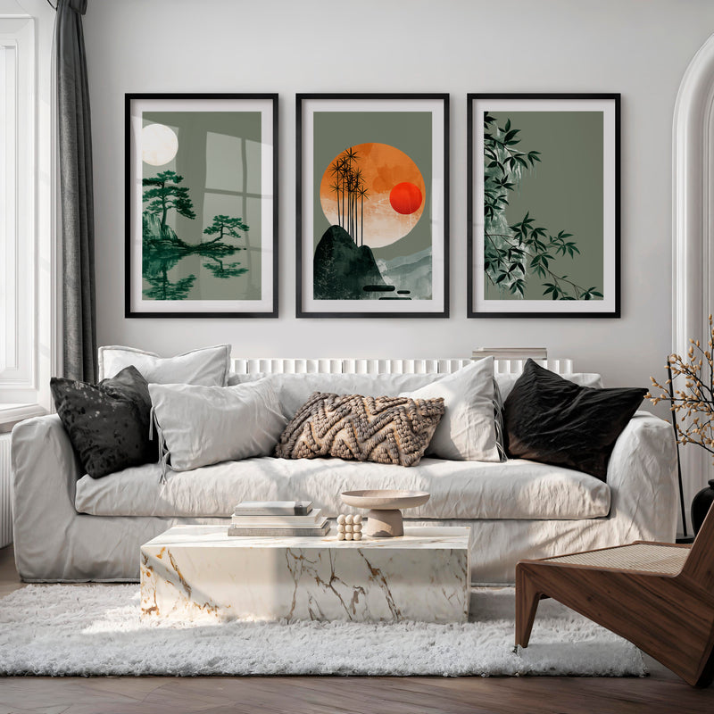 Bamboo Horizon Japandi Style Decor - Black Framed Poster with White Border - Artworksets