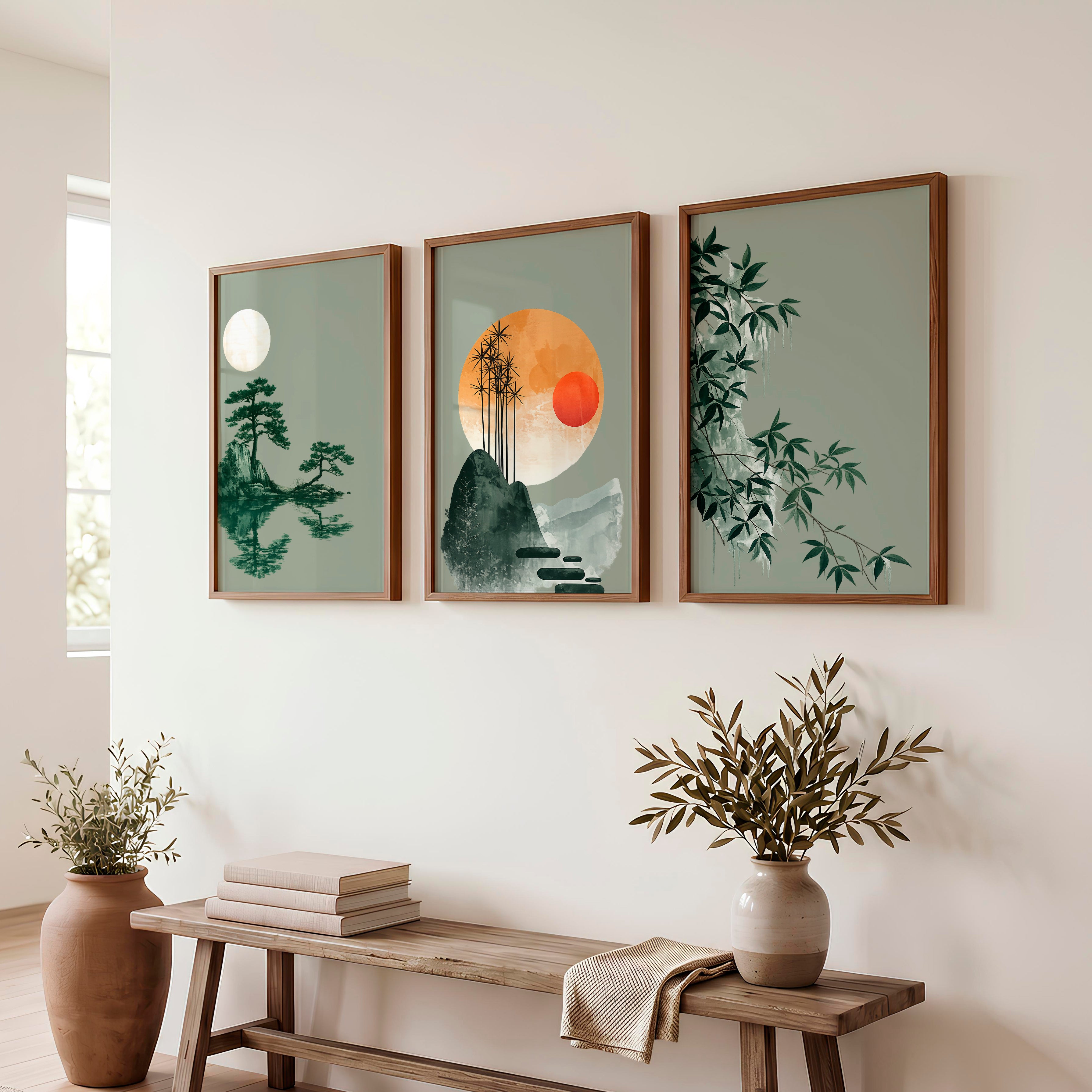 Bamboo Horizon Japandi Style Decor - Dark Brown Framed Poster No Border - Artworksets