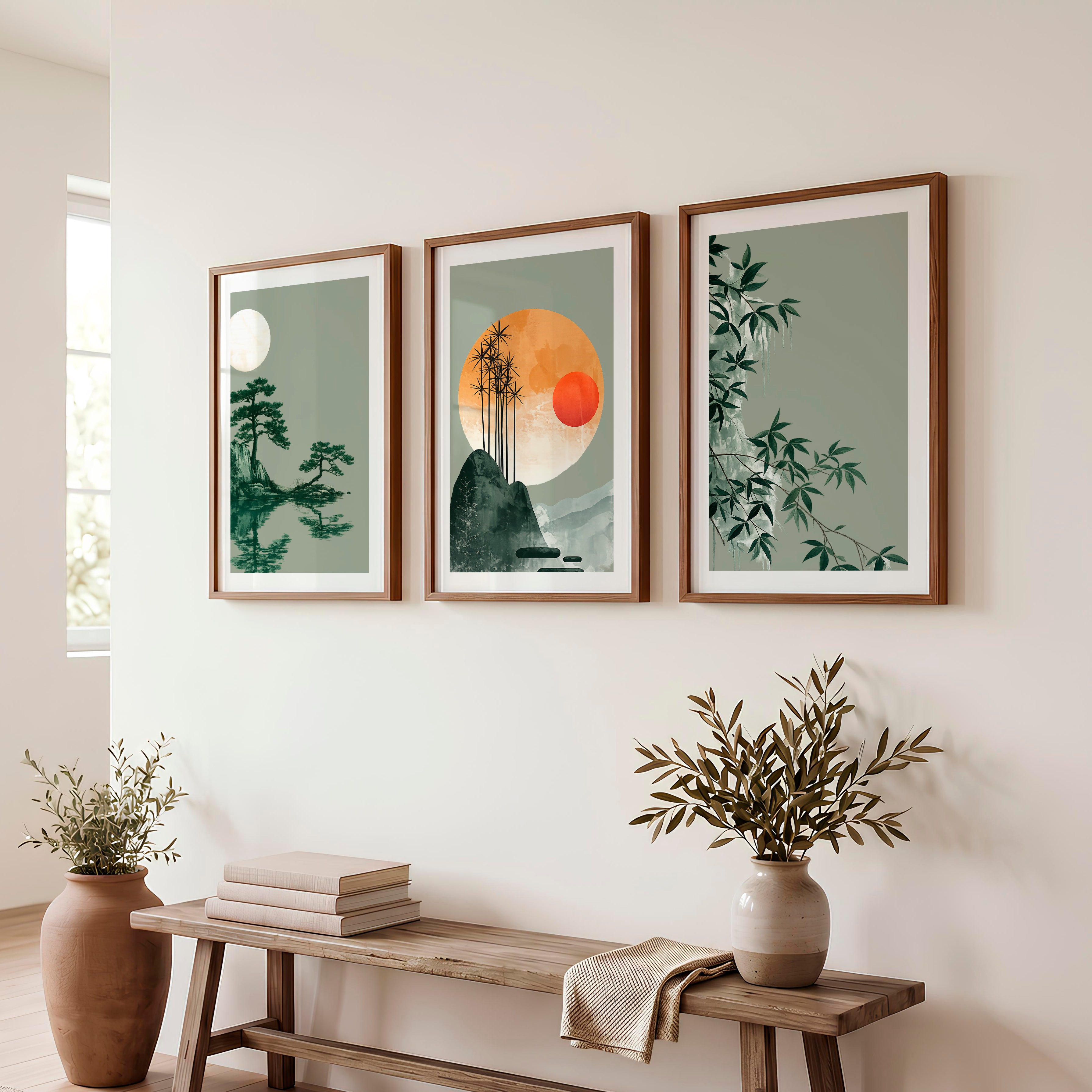Bamboo Horizon Japandi Style Decor - Dark Brown Framed Poster with White Border - Artworksets