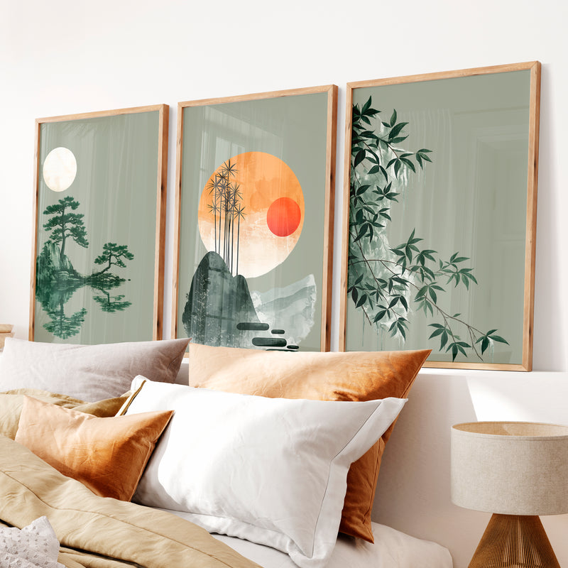 Bamboo Horizon Japandi Style Decor - Natural Wood Framed Poster No Border - Artworksets