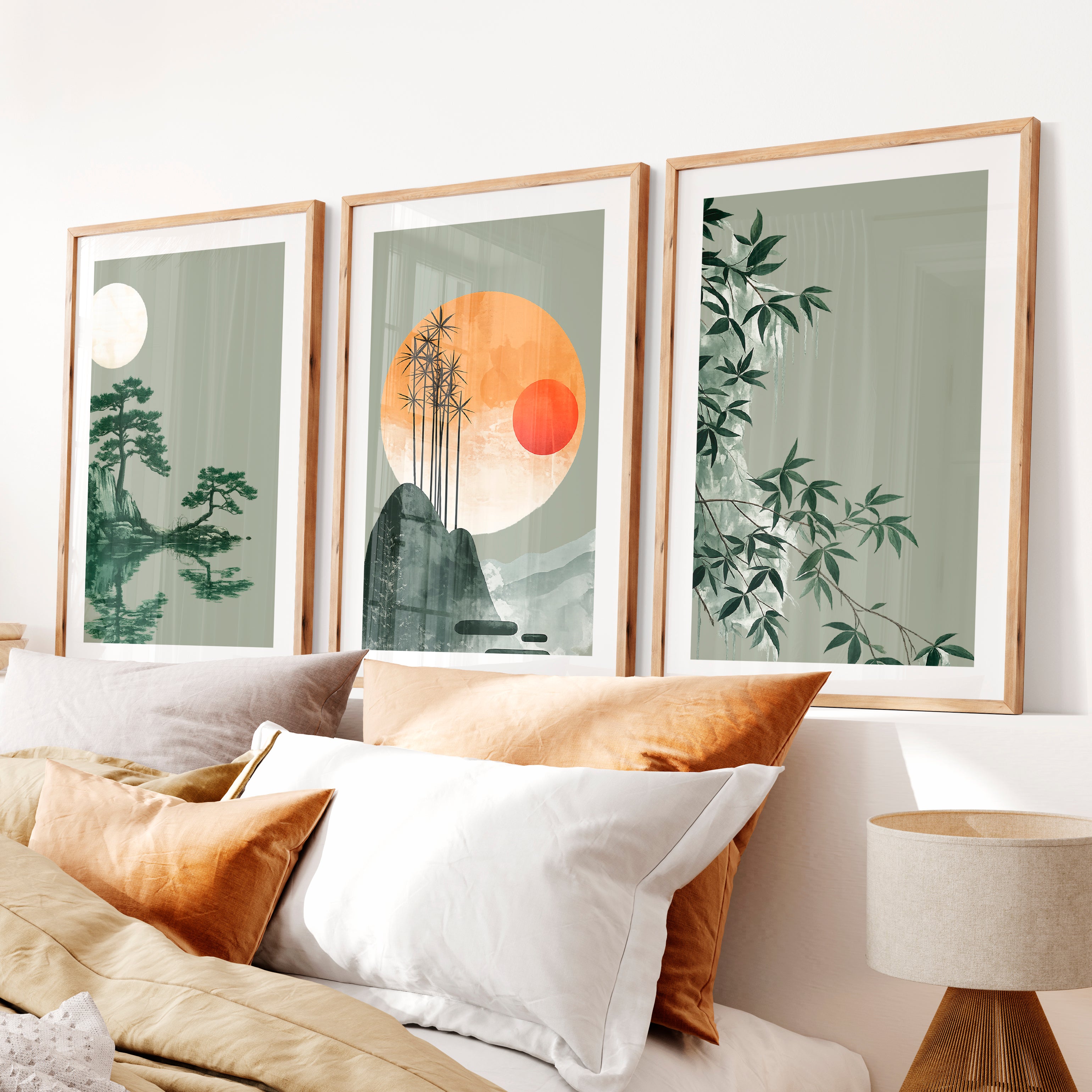 Bamboo Horizon Japandi Style Decor- Natural Wood Framed Poster with White Border - Artworksets