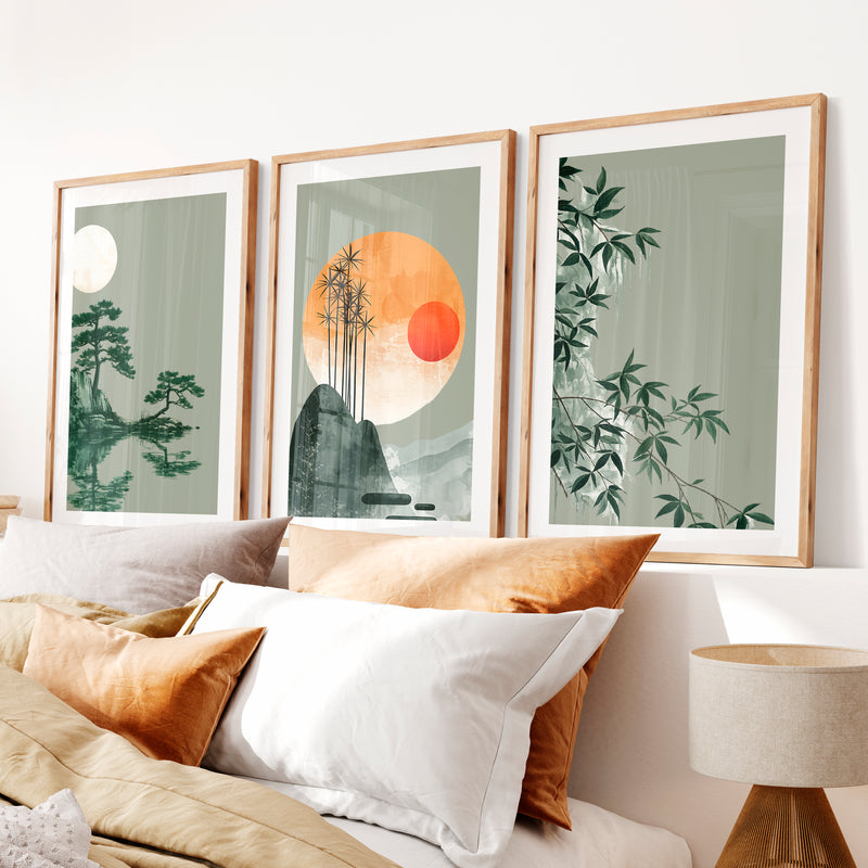 Bamboo Horizon Japandi Style Decor- Natural Wood Framed Poster with White Border - Artworksets