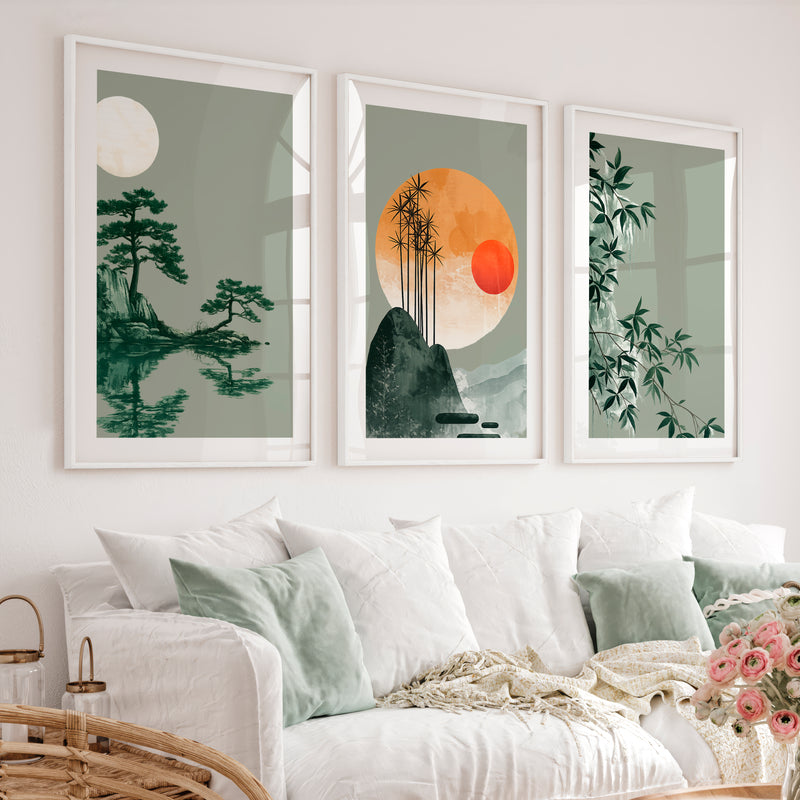 Bamboo Horizon Japandi Style Decor - White Framed Poster with White Border - Artworksets